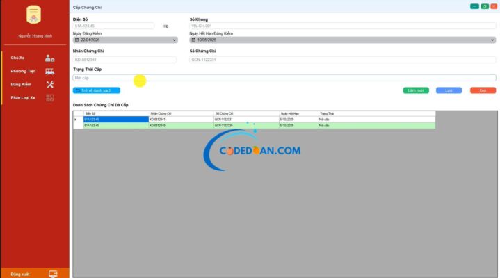 Code phần mềm đăng kiểm ô tô